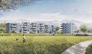 Drei langgezogene Mehrfamilienhäuser mit geschwungenen Fassaden: So soll die Überbauung Sturzenegg in Winkeln dereinst aussehen. (Bild: Visualisierung: pd/Wild Bär Heule Architekten)