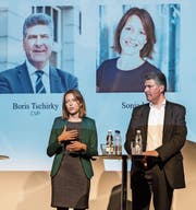 Kopf-an-Kopf-Rennen: Sonja Lüthi und Boris Tschirky am «Tagblatt»-Podium zum Auftakt des Wahlkampfs nach den Herbstferien. (Bilder: Hanspeter Schiess (30. Oktober 2017))