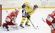 Am richtigen Ort: Thurgaus kanadischer Mittelstürmer Cam Braes lenkt vor Winterthurs Goalie Remo Oehninger den Puck ab. (Bild: MARIO GACCIOLI)