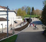 Das Südportal des Ruckhalde-Tunnels mit neuer AB-Haltestelle Riethüsli am Anfang der Riethüslistrasse. Links über dem Portal liegt die Bushaltestelle Riethüsli, rechts das Gewerbliche Berufsschulzentrum. (Bild: Visualisierung: Appenzeller Bahnen)