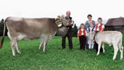 Karl und Sonja Räss mit ihren Kindern Andreas, Rahel und Mathias. Die Jüngsten zeigen das Kälbchen Tamara beim Jungzüchterwettbewerb, Karl Räss geht mit 30 Kühen und 15 Stück Jungvieh an die Viehschau. Mit der fünfjährigen Kuh Darling (Bild) hat er schon Preise gewonnen. (Bild: Susi Miara)