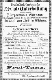 Mit diesem Plakat machte die Bürger- musik auf die Theateraufführung von 1899 aufmerksam.