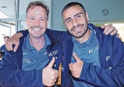 Diepoldsaus Trainer Engelbert Hutter (links) mit Dursun Karatay, seinem verlängerten Arm auf dem Spielfeld, der nächste Saison zudem als Co-Trainer arbeitet. (Bild: Ulrike Huber)