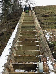 Mit einer steilen Treppe werden zehn Höhenmeter überwunden, weshalb der Thur-Wanderweg für Kinderwagen nicht geeignet ist. (Bild: PD)