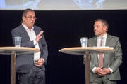Ende Januar ist gewiss, wer als Stadtpräsident im Gossauer Rathaus amten wird. Im ersten Wahlgang kandidierten Wolfgang Giella (links) und Daniel Lehmann. (Bild: Urs Bucher)