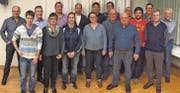 18 Mitglieder zeichnete die Konkordia Widnau für guten Probenbesuch aus (von links): Goar Hutter, Roman Ruosch, Siegfried Wiederkehr, Maya Hutter, Martin Heule, Sarah Haberer, Pascal Frei, Sonja Carnier, Paul Nüesch, Roger Frei, Hanspeter Bösch, Gilbert Hutter, Leo Schneider, Urs Sonderegger, Marcel Wider, Niklaus Heule, Hans Fehr. Nicht auf dem Foto: Michaela Wiederkehr. (Bild: pd)