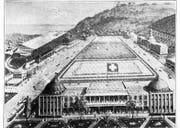 Das Olympiastadion im Tal der Demut: Mit einer Autorennbahn, Bassin, Fussballplatz, Hotels, Restaurants und einem Flugplatz. (Bild: Schreibmappe/Archiv der Ortsbürgergemeinde St. Gallen)