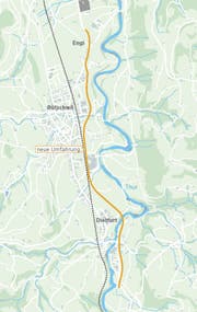 Umfahrung Bütschwil: Die Umfahrung Bütschwil ist seit 2014 im Bau. Sie soll 2020 fertig werden und das Dorf vom Durchgangsverkehr entlasten. Der Kanton prognostiziert für 2018 einen täglichen Durchschnittsverkehr von 18'000 Fahrzeugen. (Bild: Tiefbauamt des Kantons St.Gallen/Karte: sgt)
