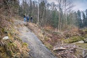 Ein Erdrutsch hat den Wanderweg entlang der Sitter in Mitleidenschaft gezogen. Gemeindevertreter nehmen den Schaden auf. (Bild: Urs Bucher)