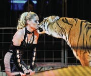 Dompteurin Carmen Zander belohnt ihre fünf Königstiger zum Schluss jeweils mit einem Kuss. (Bild: Reto Martin)