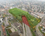 Die Autobahn soll einen Deckel (rot) erhalten, auf dem eine neue grosse Olma-Halle gebaut werden könnte. (Bild: Visualisierung PD)