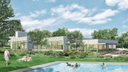 Über den Hallenbad-Ersatzbau wird in Altstätten am 26. November an der Urne abgestimmt. Die andern Gemeinden im Oberrheintal befinden dann im Frühling an den Bürgerversammlungen über die Beteiligung. Die Visualisierung zeigt das geplante Hallenbad von aussen, vom Freibad her gesehen. (Bild: pd)