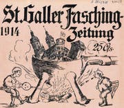 Befürworter der Fusion von St. Gallen, Tablat und Straubenzell (darunter das «Tagblatt») fachen das Feuer unter dem Tiegel an, in dem die Wahrzeichen der Gemeinden eingeschmolzen werden. Gegner (darunter der «Volksfreund») spucken in die Flammen, um den Prozess zu bremsen. (Bild: Kantonsbibliothek St. Gallen)
