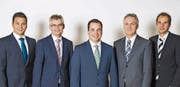 Die Geschäftsleitung der Clientis Bank Oberuzwil mit Patrick Schiegg, Adrian Müller (Vorsitzender), Anian Willi, Patrick Keller und Philipp Müggler. (Bild: pd)