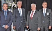 Abschied und Willkomm im Verwaltungsrat der Alpha Rheintal Bank (v. l.): das neue Mitglied Marco Kluser, Verwaltungsratspräsident Thomas Gerosa, der zurückgetretene Verwaltungsrat Christoph Mattle und Stefan Frei, Vorsitzender der Geschäftsleitung. (Bilder: René Jann)