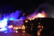 Weshalb die Thujahecke in Brand geraten ist, wird vom Kriminaltechnischen Dienst abgeklärt. (Bild: Kapo SG)