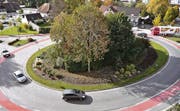Der Engel-Kreisverkehr in Lustenau, Drehscheibe Richtung Hohenems/Diepoldsau-Schmitter, Dornbirn und A14, Widnau, Au, Hard/Bregenz. (Bild: René Schneider)