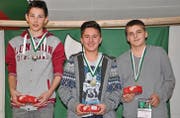 Sie sind die Treffsichersten mit dem Luftgewehr in der Kategorie B (von links): Basil Güntert, Dominik Djordjevic und Jeremja Bosshard. (Bild: Beatrice Bollhalder)
