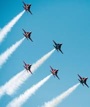 Die F-5-Tiger der Patrouille Suisse werden am Samstag, 2. Juni, über dem Riga18-Gelände in Uzwil eine Flugshow präsentieren. (Bild: Peter Schneider/Keystone)