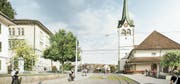 Wie das Zentrum von Teufen künftig aussieht, ist noch unklar. Die Züge der Appenzeller Bahnen werden aber als Strassenbahn durch das Dorf verkehren. (Bild: Visualisierung: PD)