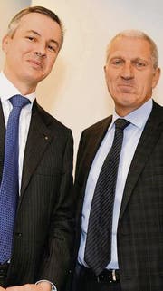 Adrian Künzi, Chef der neuen Privatbank Notenstein, und Raiffeisen-Chef Pierin Vincenz, beim ersten gemeinsamen Auftritt. (Bild: ky/Walter Bieri)