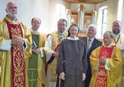 Nach der Messfeier: Felix Büchi, Albert Wicki, Erwin Keller, Schwester Angelika, Christoph Mattle, Josef Benz und Guido Hangartner (von links). (Bild: zVg)