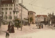 Der Theaterplatz, der heutige Bohl, mit Hotel Hecht und dahinter dem alten Theater um 1900. (Bilder: Stadtarchiv St. Gallen und Sammlung Reto Voneschen)