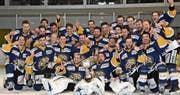 Die Rheintaler Spieler feiern eine Saison, wie sie im Schweizer Eishockey wohl noch nie einer Mannschaft gelungen ist: 34 Siege in 34 Spielen. Der Aufstieg mit Ostschweizer 2.-Liga-Meistertitel ist die logische Folge dieser Serie. (Bild: Yves Solenthaler)