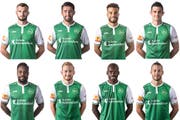 Adonis Ajeti, Karim Haggui, Nicolas Lüchinger, Danijel Aleksic, Peter Tschernegg, Yvondru Musavu-King, Silvan Gönitzer und Nzuzi Toko (im Uhrzeigersinn) sind angeschlagen oder verletzt. (Bild: PD)