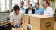 V. l.: Simon Büchel, Messeleiter; Marcus Gächter, Präsident Vereinigung Rheintaler Schreinermeister; Sandro Mächler, Projektleiter Grundausbildung Verband Schweizerischer Schreinermeister und Möbelfabrikanten (VSSM); Josef Popp, VSSM-Zentralratsmitglied, und Ralph Dietsche, Rhema-Mediensprecher. (Bild: Kurt Latzer)