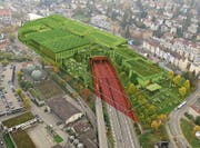Die Autobahn soll einen Deckel (rot) erhalten. Darauf könnte eine neue Olma-Halle gebaut werden. Visualisierung: PD