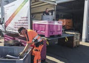 Daniel Schilling und Marion Rickli nehmen Sondermüll entgegen. (Bild: Ralph Ribi)