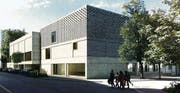 Der Neubau fürs Schulhaus St. Leonhard an der Davidstrasse. Im hinteren Block liegen ebenerdig Räume für die familienergänzende Betreuung, darüber die Turnhalle. Im vorderen Block befinden sich übereinander ein Mehrzwecksaal, Garderoben der Turnhalle und ein Aussenspielfeld. (Bild: Illustration: Hochbauamt der Stadt St. Gallen)