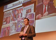 Wirtschaftsjournalist Jens Korte referierte zur US-Wirtschaft. Unweigerlich ein grosses Thema: Donald Trump. (Bild: Ruben Schönenberger)