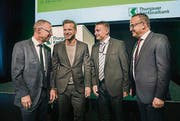 Talk vor dem Frühstück: (v. l.): TKB-Chef Heinz Huber, Wolfgang Jenewein, Mowag-Chef Oliver Dürr und Remo Lobsiger (TKB). (Bild: Andrea Stalder)