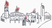 Die Türme der beiden Kirchen (die evangelische ganz links) können ebenso besichtigt werden wie der Löwenhof, das Türmlihaus sowie das Oberstufenschulhaus. Die Zeichnung stammt von Heidi Keller, der Frau von Verkehrsvereinsvorstandsmitglied Hans-Martin Keller. (Bild: Heidi Keller)