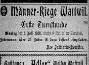Das Inserat, mit dem die Männerriege 1918 darauf aufmerksam machte, dass jeden Montagabend ab 20 Uhr die Möglichkeit zum Turnen besteht. (Bild: PD)