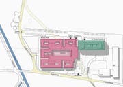 Das bestehende Gefängnis (hier grün dargestellt) ist seit 2003 in Betrieb. In Richtung Altstätten will der Kanton nun (hier rot eingefärbt) einen um ein Mehrfaches grösseren Neubau anbauen. Gelb die Luchsstrasse; links der künftige Verlauf, rechts der heutige. (Bild: Botschaft der Regierung)