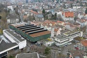Das Museumsquartier von oben: Vorne im ehemaligen Niemandsland gegen Tablat hin liegen Infrastrukturbauten (von links VBSG-Depot, Athletik-Zentrum, Feuerwehrdepot und davor der Werkhof der Stadtwerke. Dahinter links sind im Stadtpark die Museen und das Theater aufgereiht. Den rechten Bildrand dominiert das Hadwig-Schulhaus, dahinter das Spelterini-Schulhaus. (Archivbild: Philipp Baer)
