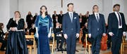 Kimberly Brockman, Sopran; Sonja Leutwyler, Alt; Andreas Gut, Leitung; Raphaël Favre, Tenor, sowie Richard Helm, Bass (von links). (Bild: Peter Küpfer)
