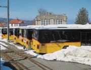 Auf dem Bahnhofareal in Heiden stehen seit einigen Wochen ausgemusterte Postautos. Was genau mit ihnen geschehen soll, ist noch unklar. (Bild: Peter Eggenberger)