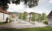 Blick vom Schulhaus Linden auf das Kirchenzentrum samt Pavillonanbau und neugestaltetem Aussenareal.