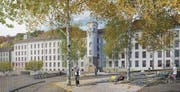 Öffentlicher Fabrikpark, visualisiert von Moos Giuliani Herrmann Architekten AG/Raumgleiter GmbH.