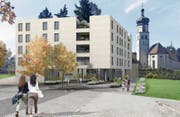 Das Haus «Navan» ist offen und einladend konzipiert, der Park soll eine grüne Oase bleiben. (Bild: Visualisierung: Carlos Martinez Architekten Rorschach AG)