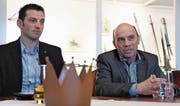 SVP-Ortsparteipräsident Felix Würth und Stadtrat Stefan Koster, der Stadtpräsident werden möchte, im Schloss Hagenwil. (Bild: Manuel Nagel)