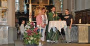 Monika Germani, Raffaella Fluri, Pfarrer Roland Eigenmann, Rafael Windler (von links) haben die Samstagspredigt in Rorschach mitgestaltet. (Bild: Ramona Riedener)