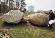 Amtsleiter Raimund Hipp hat die beiden Findlinge unweit des Frauenfelder Kantonsspitals als Sandstein (links) und Granit identifiziert. (Bild: Reto Martin)