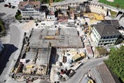 Die Rosenaupark-Baustelle von oben. Im hinteren Teil wird der Neubau der Ärztepraxis Brunnenhof erstellt. (Bild: PD)