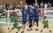 Obwohl zwei Routiniers fehlten und durch 19-Jährige ersetzt wurden, enttäuschte Amriswil (blau) nicht. (Bild: Mario Gaccioli)