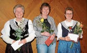 Die Jubilarinnen Paula Beusch (links) und Doris Egloff (rechts) mit der scheidenden Präsidentin Regula Gisler (Mitte). (Bild: PD)